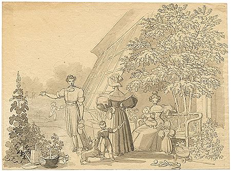 Junge Familie vor einer Orangerie