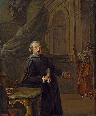 Bildnis eines Hofkapellmeisters an seinem Arbeitstisch, im Hintergrund Musikinstrumente
