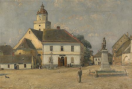 Der Hauptplatz in Pohorelice (Pohrlitz) in Südmähren mit der Pfarrkirche St. Jakob und Selbstbildnis des Künstlers