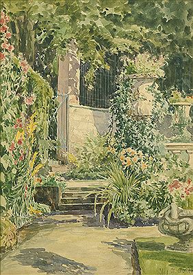 Blick auf eine mit Blumen und Pflanzen bewachsene Terasse