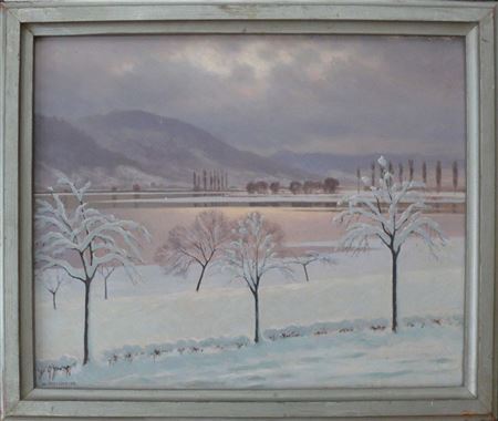 "Winterliche Landschaft am Bodensee" bei Ludwigshafen; Blick am Seeende auf Bodanrück mit Bodman; frühabendliche Stimmung mit bewolktem Himmel;