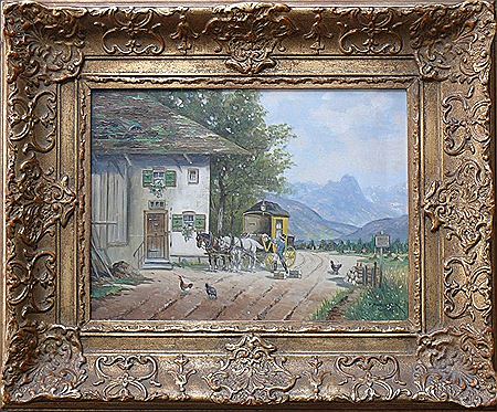 "Postkutsche" in bayerischer Voralpenlandschaft vor einem Haus