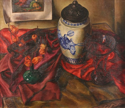 Still life of Red and Green Vases and Oriental Porcelain Jar