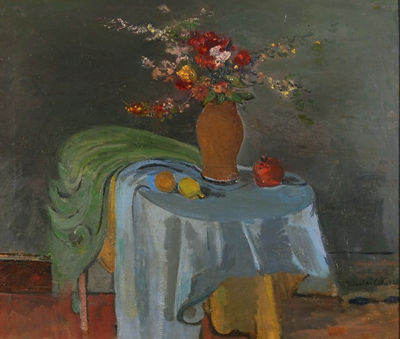 STILL LIFE OF VASE WITH FLOWERS ON A TABLE TOP