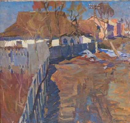 On the Village Outskirts by Konstantin Matveevich Lomykin - Auction record, sale price, and art valuation. Compare with similar artists and explore comparable artworks.