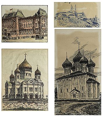 A Group of Four Drawings of Russian Scenes