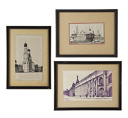 A Group of Three Drawings with Architectural Views