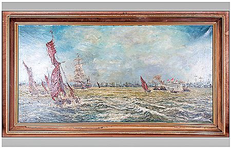 Depicting a naval regatta with various Royal Navy ships on the line flying their tenants with small masted sailing craft in the foreground in full sail, in the distance a panoramic view of a town scape in the estery