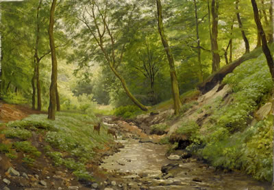 Waldlichtung an Bachlauf mit zwei Rehen