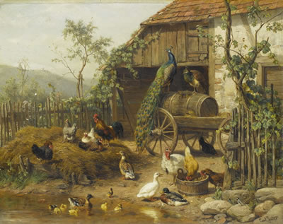 Grosser Hühnerhof mit Pfau, Enten, Gänsen und Hühnern by Carl Jutz I - Auction record, sale price, and art valuation. Compare with similar artists and explore comparable artworks.