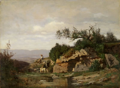 Ziegenhirte am Teich vor weiter Landschaft
