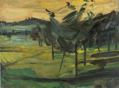 Landschaft mit Bäumen - Rückseitig: Baumallee in einer Stadt