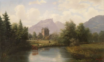Kühe am Teich vor Ruine und Gebirgslandschaft by Carl Karl Christian Wymann-Mory - Auction record, sale price, and art valuation. Compare with similar artists and explore comparable artworks.