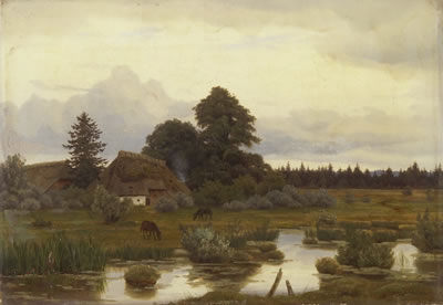 Bauernhof mit Pferden an einem Weiher
