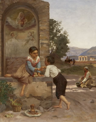 Mädchen und Junge vor italienischer Landschaft by August Weckesser - Auction record, sale price, and art valuation. Compare with similar artists and explore comparable artworks.