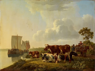 Flussufer mit Schiffen und Kühen