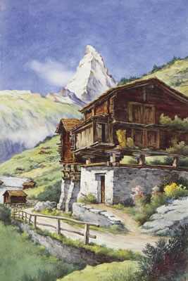 Landschaft mit Häusern und dem Matterhorn im Hintergrund