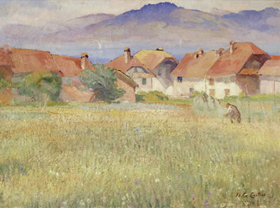 Wiese mit Mäher vor Bauernhäusern am Genfersee by Edouard Gaspard Castres - Auction record, sale price, and art valuation. Compare with similar artists and explore comparable artworks.