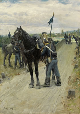 Ein Soldat sein Pferd sattelnd