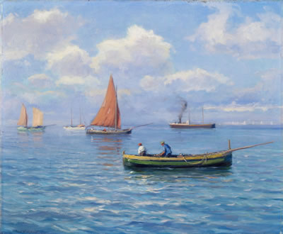 Fischerboot, Segelboote und ein Dampfschiff im Mittelmeer