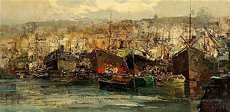 Der Hafen von Neapel mit vor Anker liegenden Schiffen und Booten