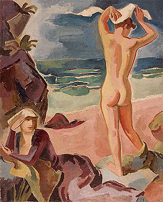 Stilisierter stehender Rückenakt und Sitzende am Strand