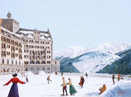 Schlittschuläufer vor einem Grand Hotel in St. Moritz by Carlo Pellegrini Jr - Auction record, sale price, and art valuation. Compare with similar artists and explore comparable artworks.