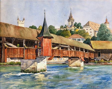 Luzerner Ansicht mit Blick über die Spreuerbrücke auf die Museggmauer