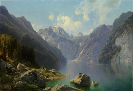 Königsee mit Watzmann und Sankt Bartholomä, im Vordergrund rastende Jäger