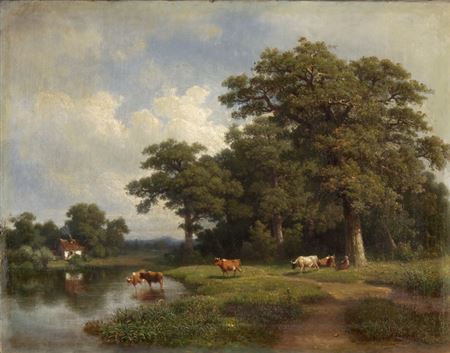 Kühe an der Tränke vor Baumlandschaft