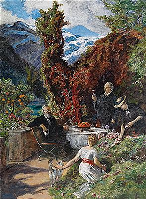 Gottfried Keller und Conrad Ferdinand Meyer an Tafelrunde vor Gebirgslandschaft