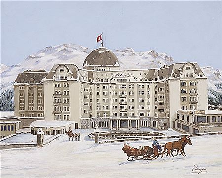 Pferdeschlitten vor Grandhotel im Engadin