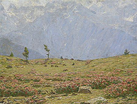 Sommerliche Alplandschaft mit weidenden Kühen