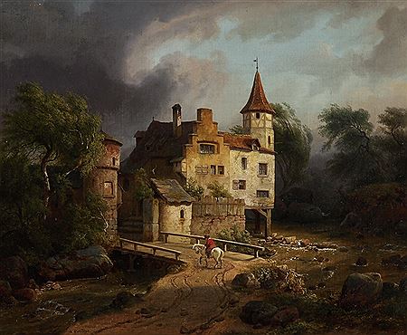 Reiter auf Schimmel vor Brücke und Schloss