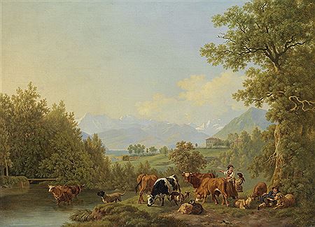 Pastorale Landschaft mit Landsitz Eichberg und Berner Alpen in der Ferne