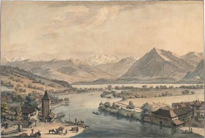 Blick auf Thun, die Aare, auf die Schadau und die Alpen by Johann Ludwig Aberli - Auction record, sale price, and art valuation. Compare with similar artists and explore comparable artworks.