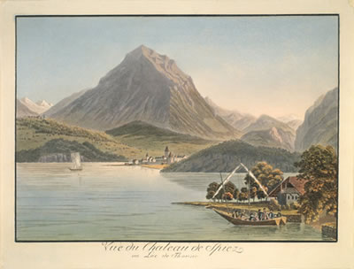 Vue du Chateau de Spiez/au Lac de Thoune. Mit einem mit 10 Personen besetzten Boot im Vordergrund rechts