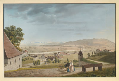 Blick von der kleinen Schanze in Bern auf das Marzili und die Aare, auf den Gurten und die Alpenkette