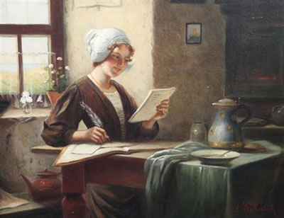 Interior with country girl writing at a table