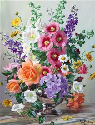 Summer flowers in a silver bowl by Albert Williams - Auction record, sale price, and art valuation. Compare with similar artists and explore comparable artworks.