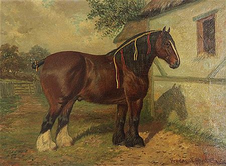 Portrait of 2 year old stallion Bearwardcote Blaze, Winner of Champion Prize Shire Horse Show 1901 by Frederick Albert Clark - Auction record, sale price, and art valuation. Compare with similar artists and explore comparable artworks.