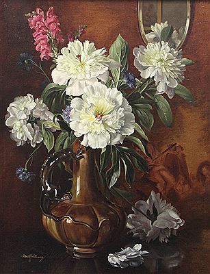 Peonies and stocks in a pottery vase