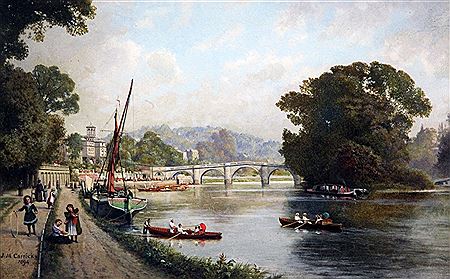 View of Kew Bridge with children on the bank