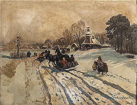 Winter Landscape with Troika's and Figures Going to Church