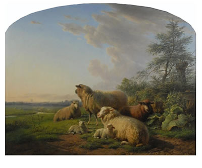 SHEEP IN PASTORAL LANDSCAPE AT SUNSET