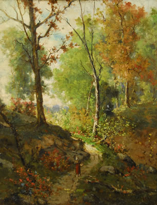 WOMAN RETURNING HOME ON A WOODED PATH