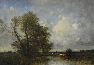 Landscape with cows by a river