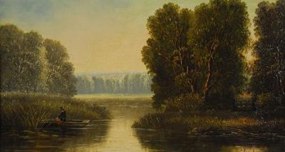 FIGURE IN A ROWBOAT ON A RIVER
