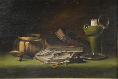STILL LIFE WITH PIPE, BOOK AND GLASSES