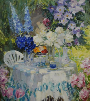 SUNLIT TABLE IN GARDEN ARRANGEMENT by Guennadi Bernadsky - Auction record, sale price, and art valuation. Compare with similar artists and explore comparable artworks.